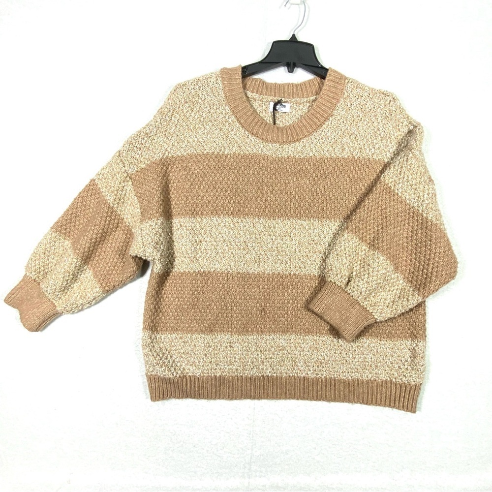 Love Knits NYC Lurex Striped Sweater Women 3X Pink Tan Long Sleeve Crew Neck NWT